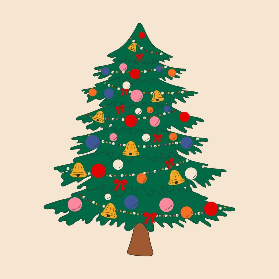 Christmas tree in cartoon style vector illustration. Decorated green fir-trees with gift boxes, Xmas star, balls, candies and lights. Happy New Year concept