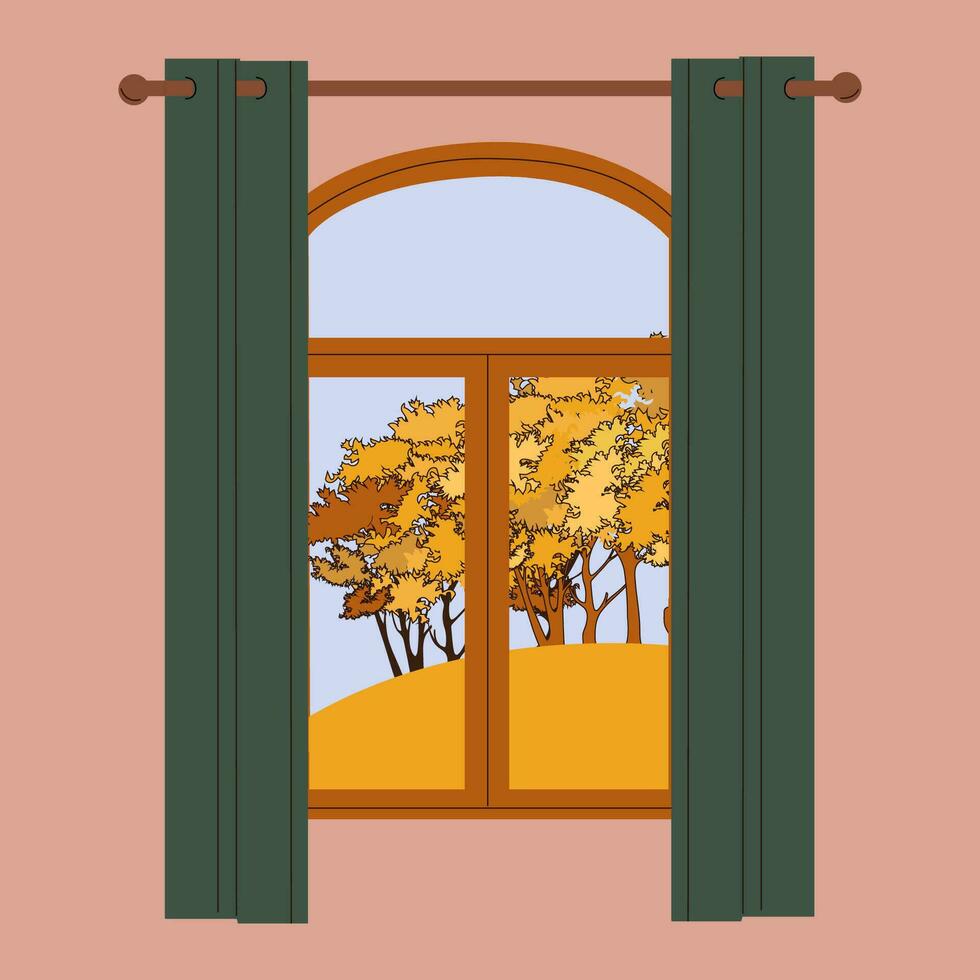 Autumn window. Window with autumn view.  Fall season. Hygge concept. Cozy autumn days vector