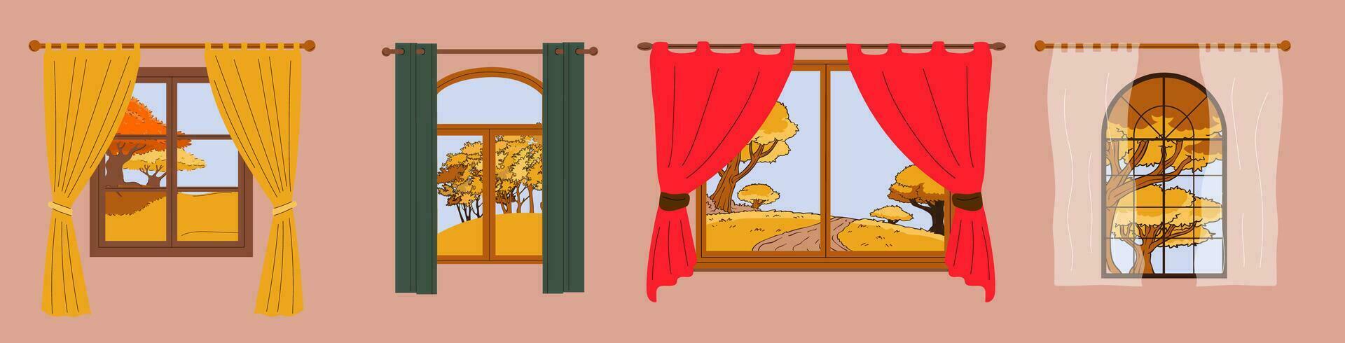 Set of Autumn windows. Window with autumn view. Fall season. Hygge concept. Cozy autumn days vector