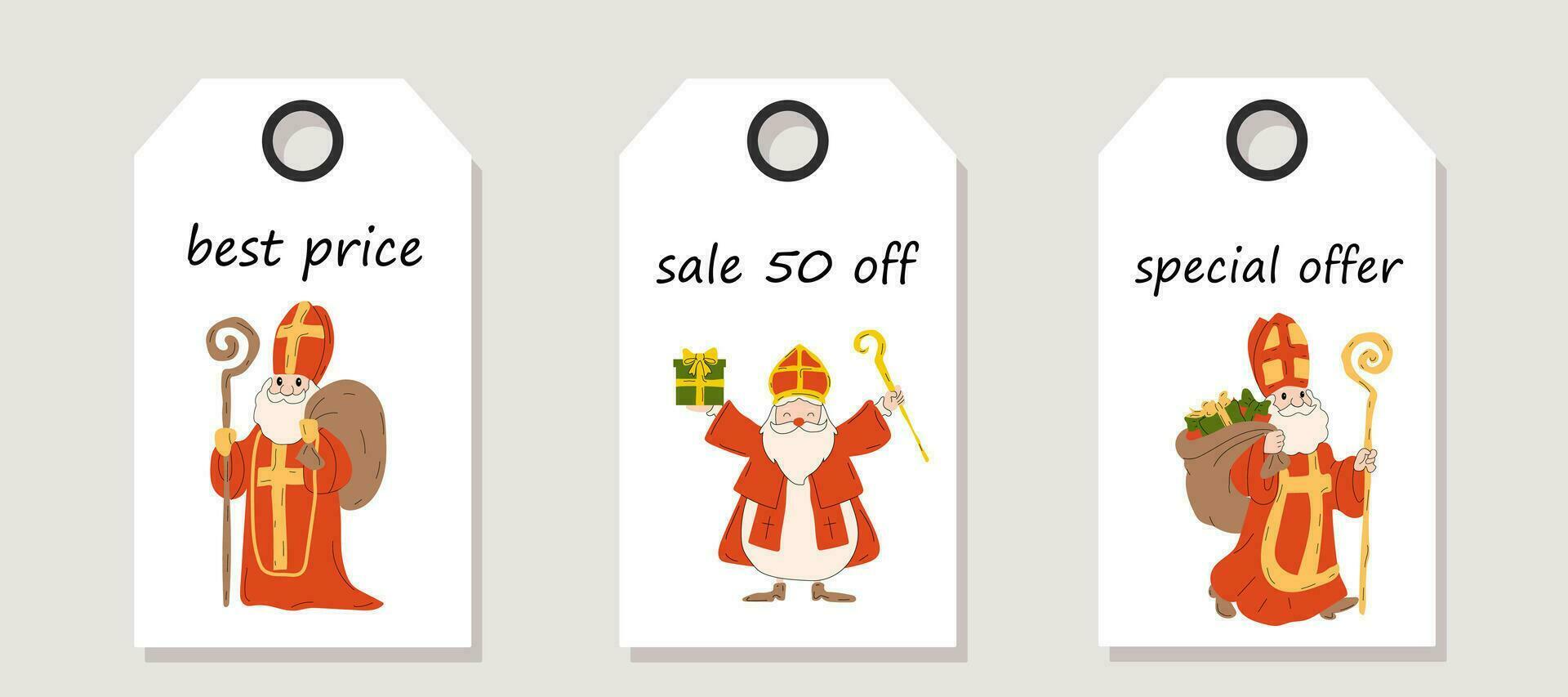 Vector set of discount price tags. Labels with Saint Nicholas christmas characters. Christmas sale.