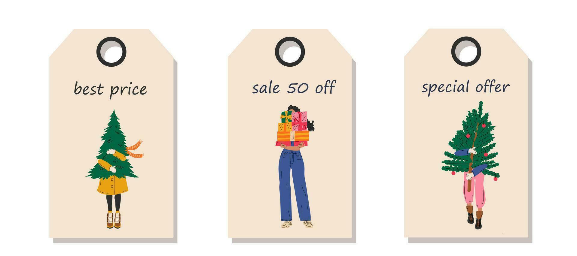 Vector set of discount price tags. Labels with Girls that are carry christmas tree. Template for shopping tags. Christmas sale.