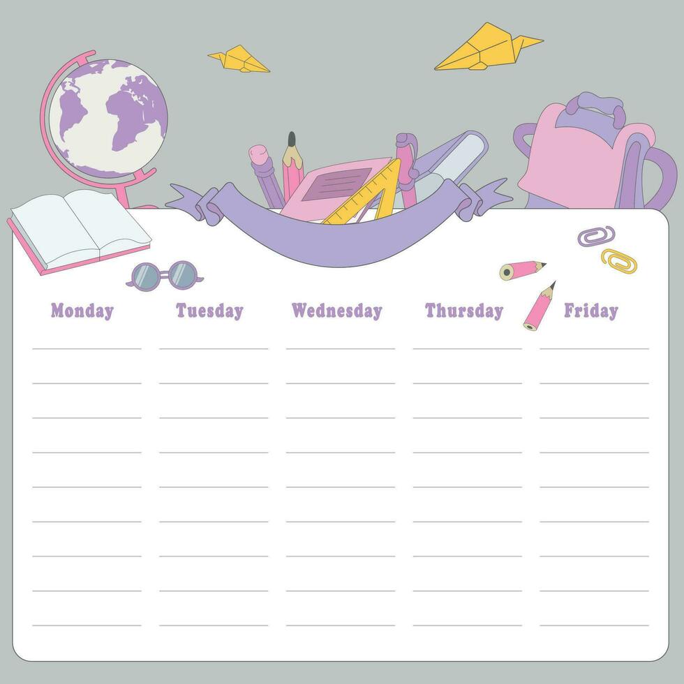 Cute weekly planner, Kids schedule of classes. Timetable design. vector