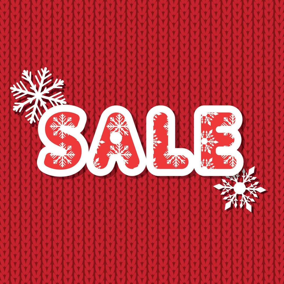 The inscription sale on a red knitted background with snowflakes vector
