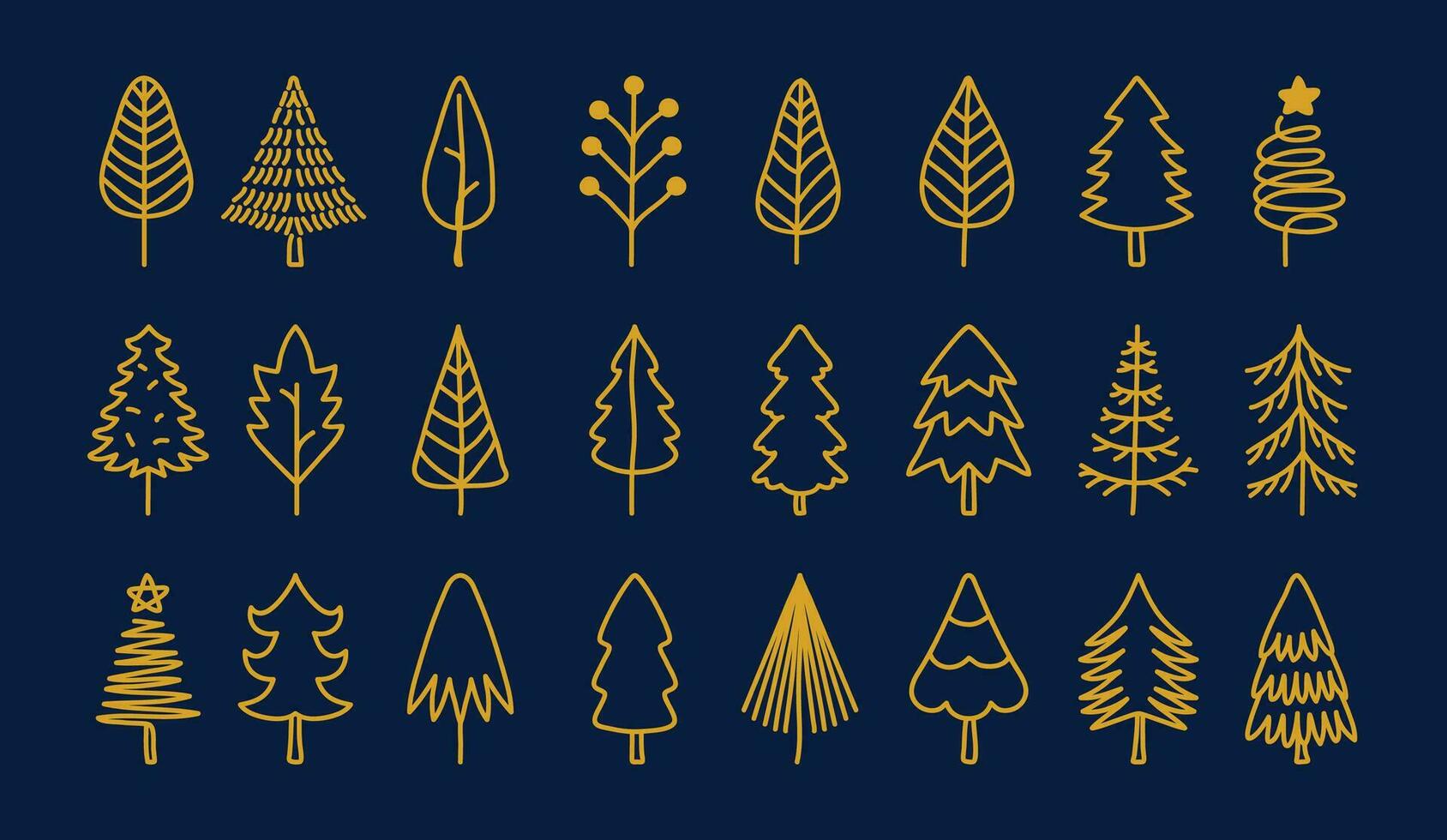 Set of vector abstract Christmas trees. Gold vintage hand-drawn collection