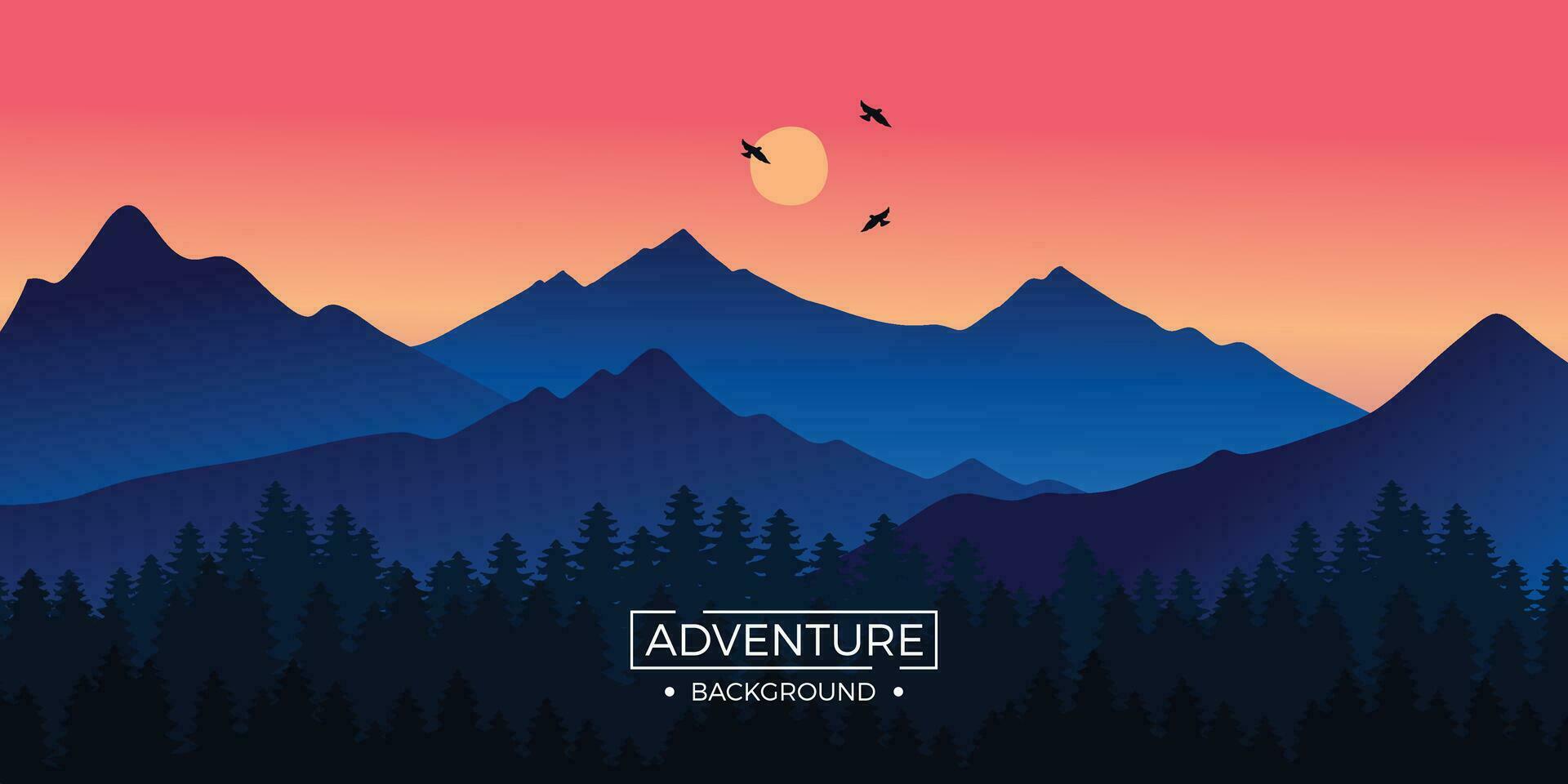 Adventure mountains sunset background with red light reflection and pine trees lined up. Background illustration. vector