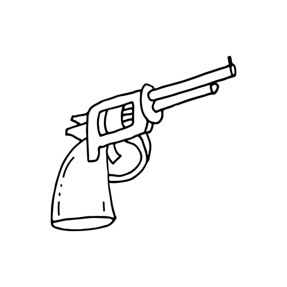 Revolver, a multi-shot small arms weapon with a rotating cylinder. Doodle. Vector illustration. Hand drawn. Outline.
