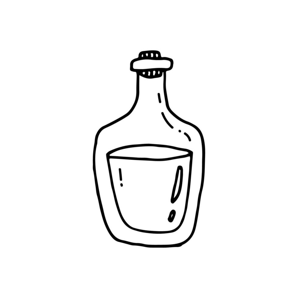 A bottle of whiskey, rum or brandy. Strong alcoholic drinks. Doodle. Vector illustration. Hand drawn. Outline.