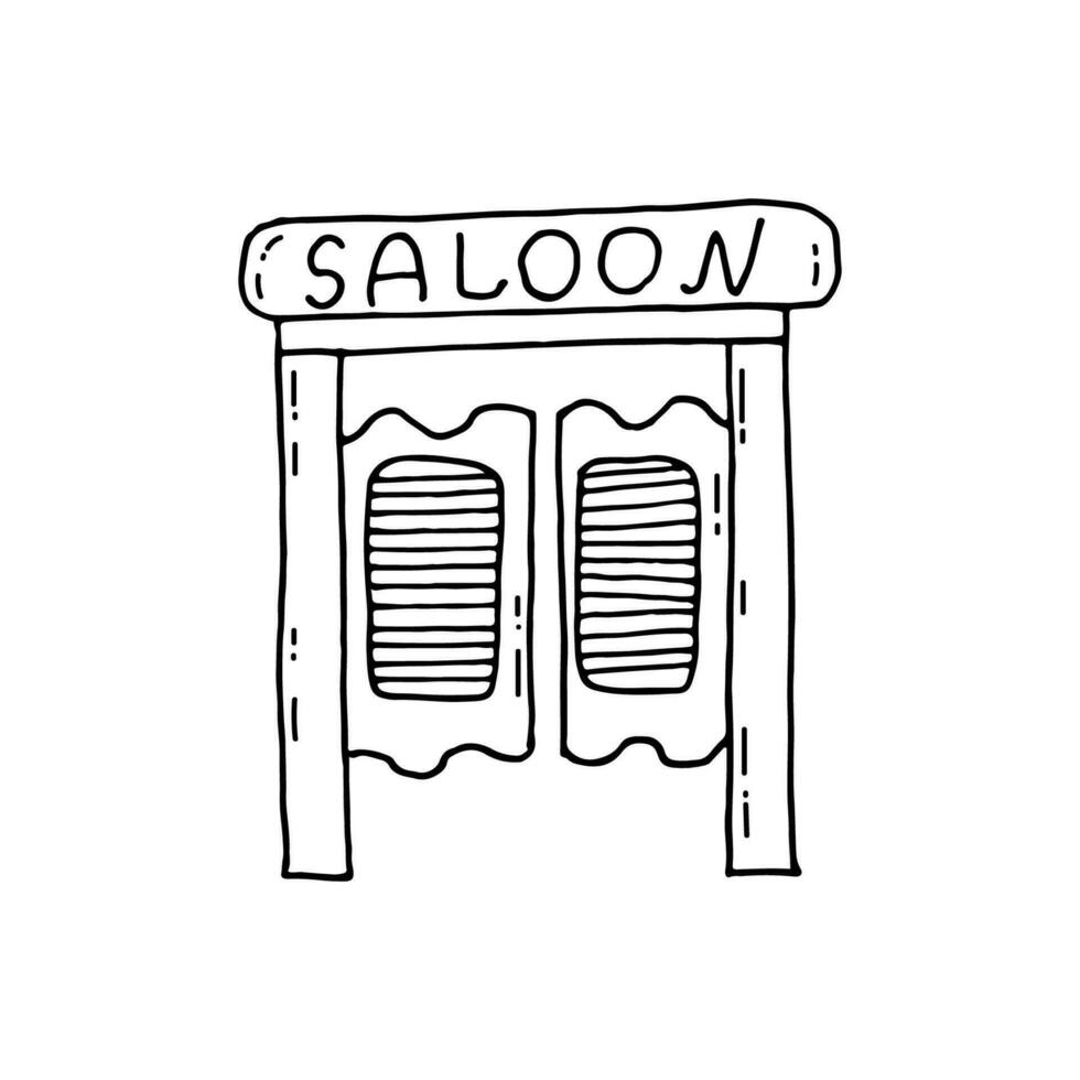 Old swing doors of a drinking establishment - a saloon, in Western style. Wild West. Doodle. Vector illustration. Hand drawn. Outline.