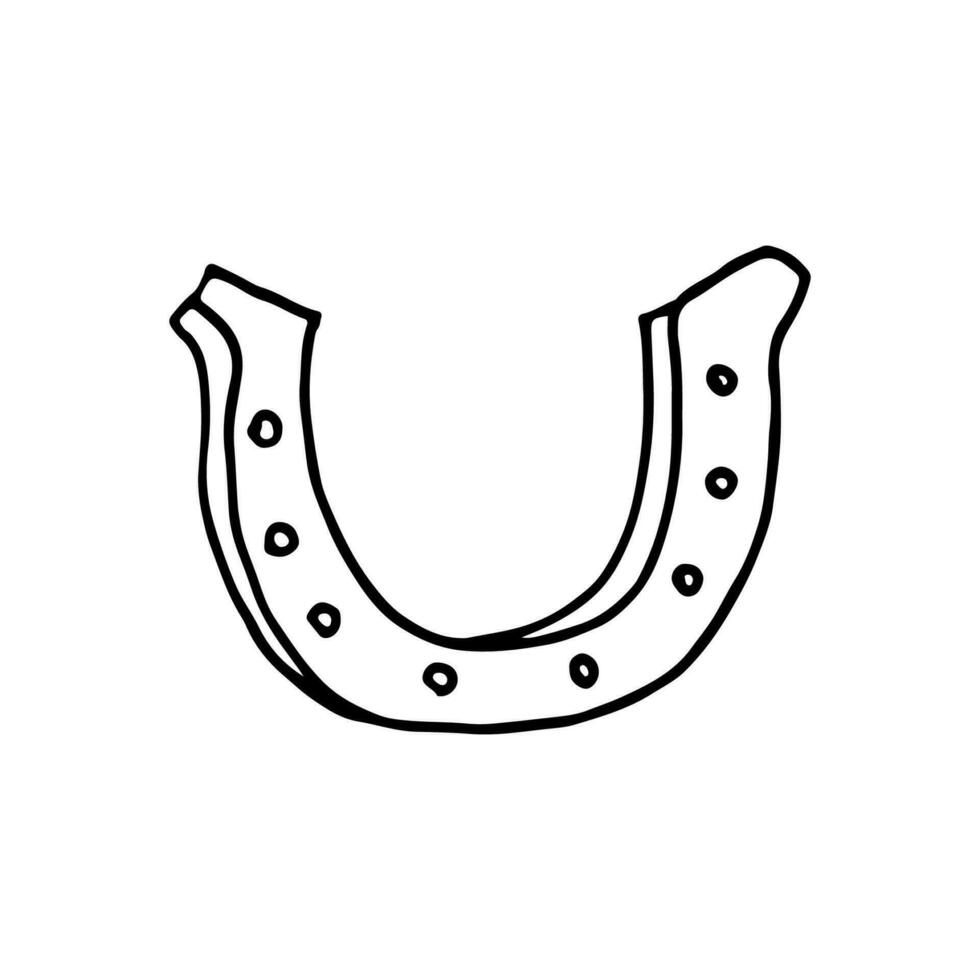 Horseshoe, metal, arched, with holes. Protecting your horse's hooves from injury. Doodle. Vector illustration. Hand drawn. Outline.