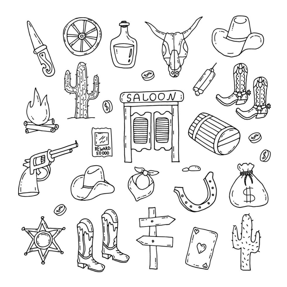 Set wild west, western. Hat, cow skull, revolver, cactus, saloon, barrel, horseshoe, knife, direction sign, whiskey, sheriff's badge, cowboy boots. Doodle. Vector illustration. Hand drawn. Outline.