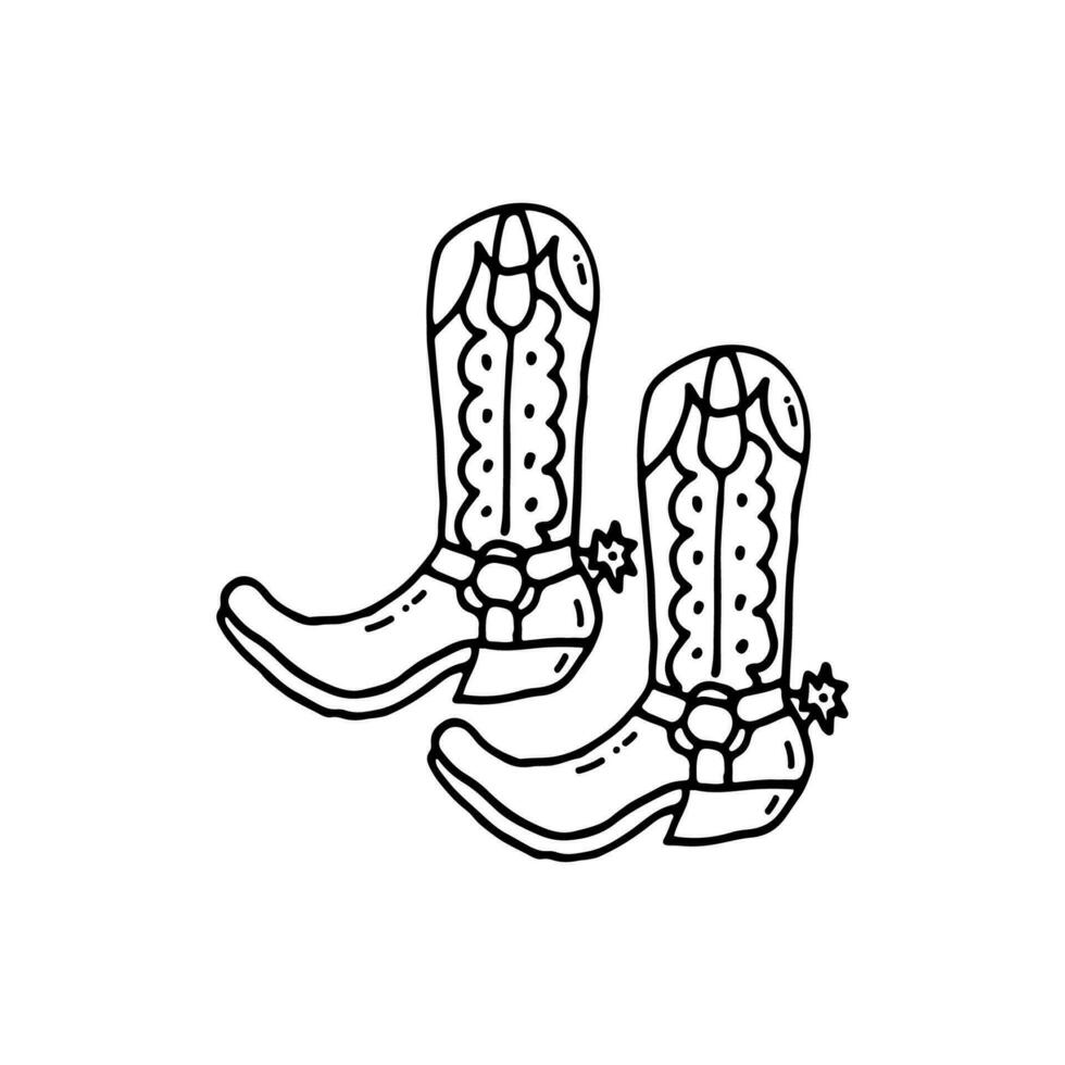 Cowboy boots with spurs, men's shoes for ranch work or riding. Doodle. Vector illustration. Hand drawn. Outline.