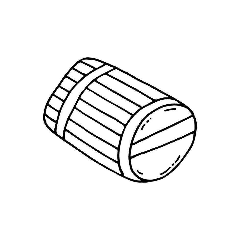 Wooden barrel for aging drinks and transporting them. Doodle. Vector illustration. Hand drawn. Outline.