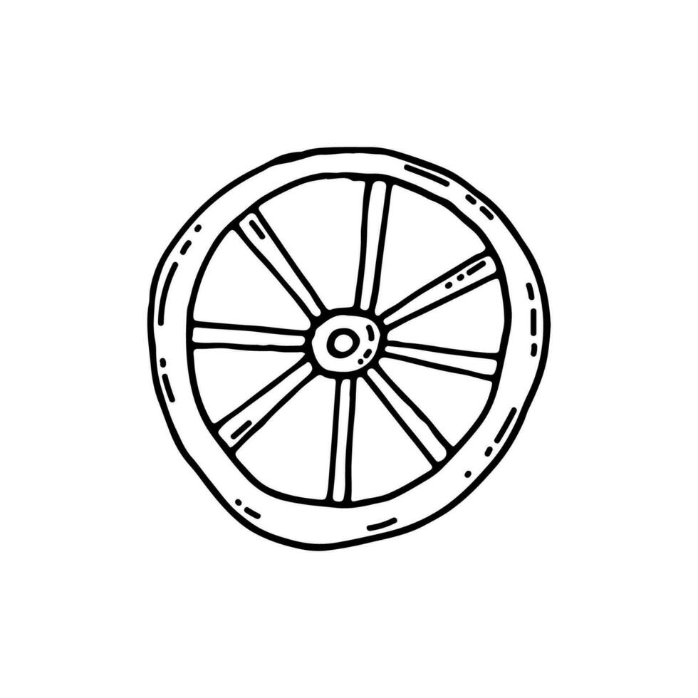 Old wooden wheel for a cart, britzka. Wild West. Doodle. Vector illustration. Hand drawn. Outline.