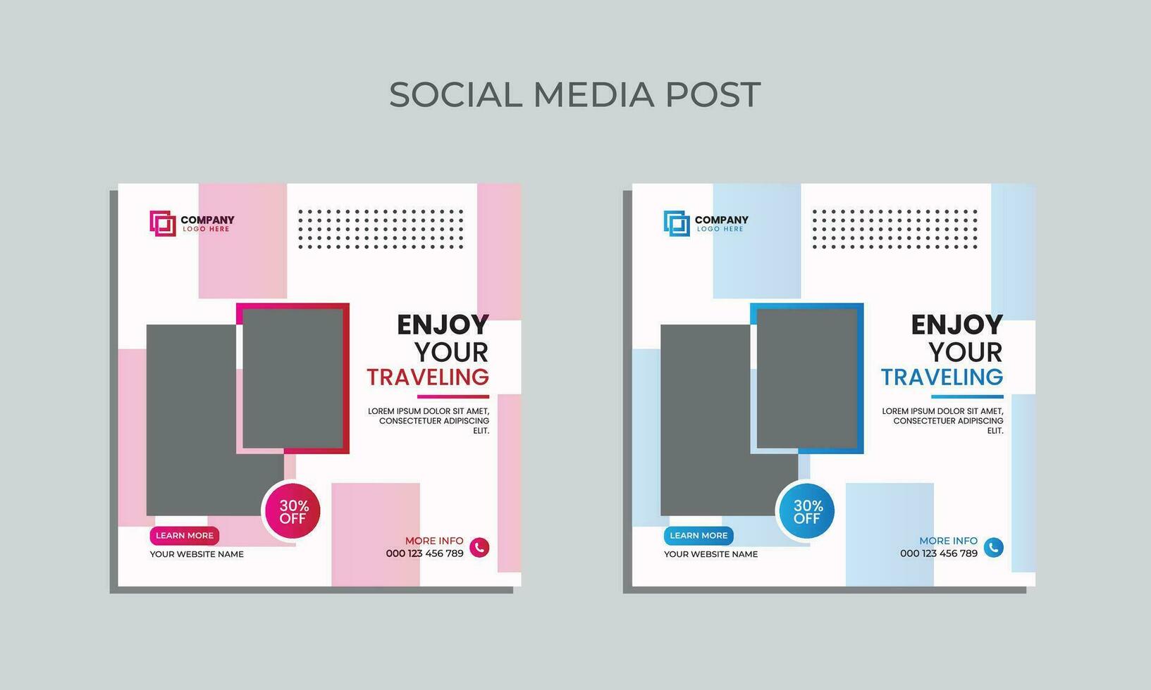 Vector traveling social media post design. editable square banner for social media. traveling agency post template.