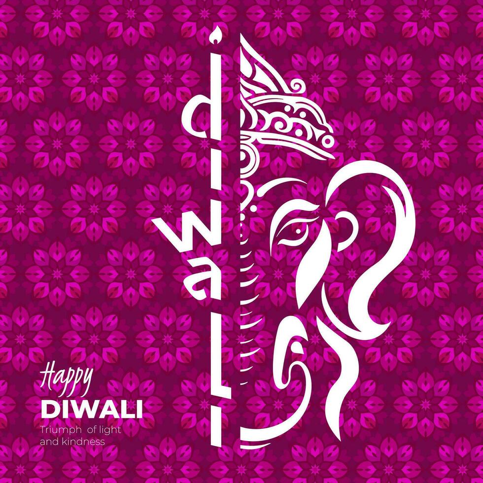 Indian holiday Happy Diwali square card. Deepavali India festival of lights banner. Deity elephant Ganesha on floral pattern background. Hindu traditional celebration greeting card. Vector eps design