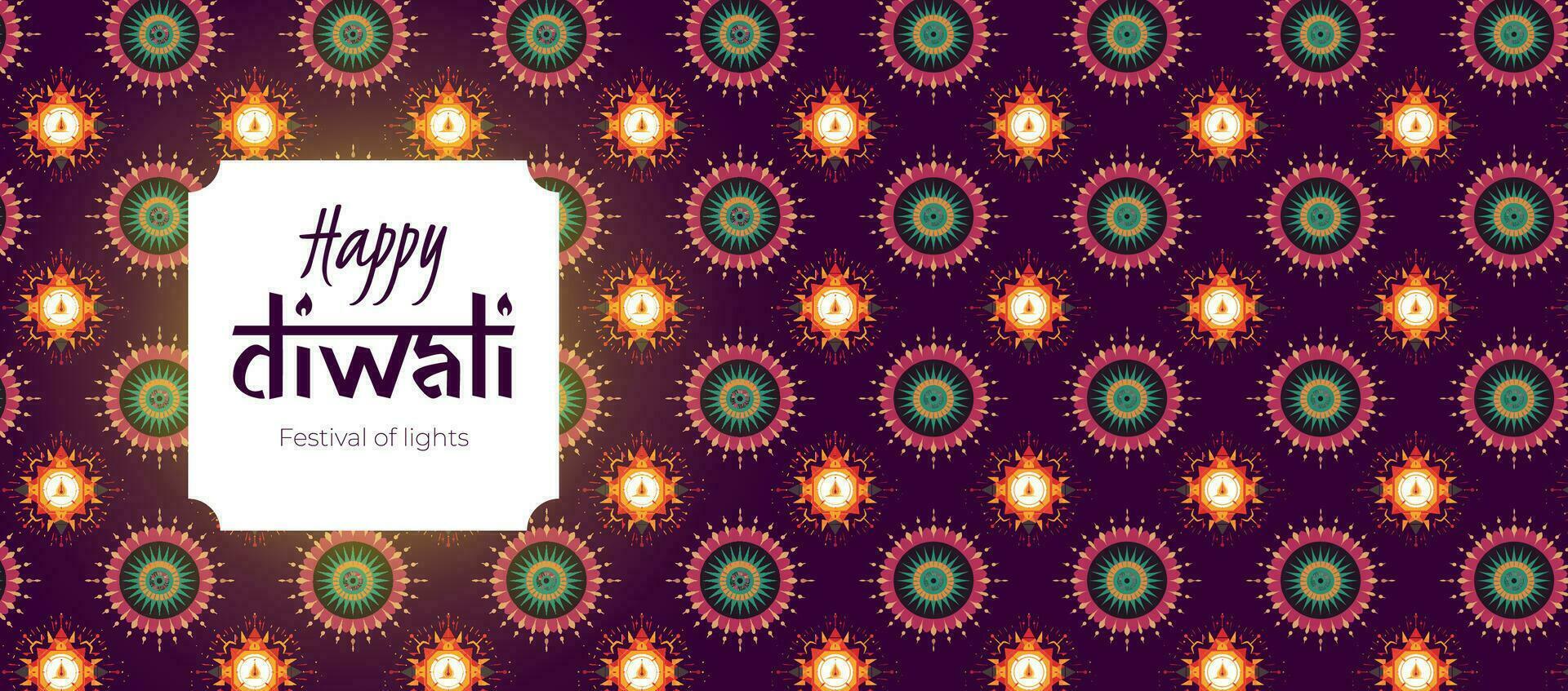 Indian holiday Happy Diwali horizontal banner. Deepavali India festival of lights print. Hindu traditional celebration background with rangoli and mandala pattern. Creative art modern vector design