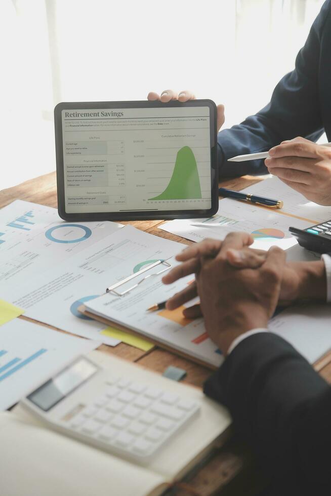 Team of business people working together in the meeting room office, teamwork background charts and graphs banner, double exposure successful teamwork,business planning concept. photo