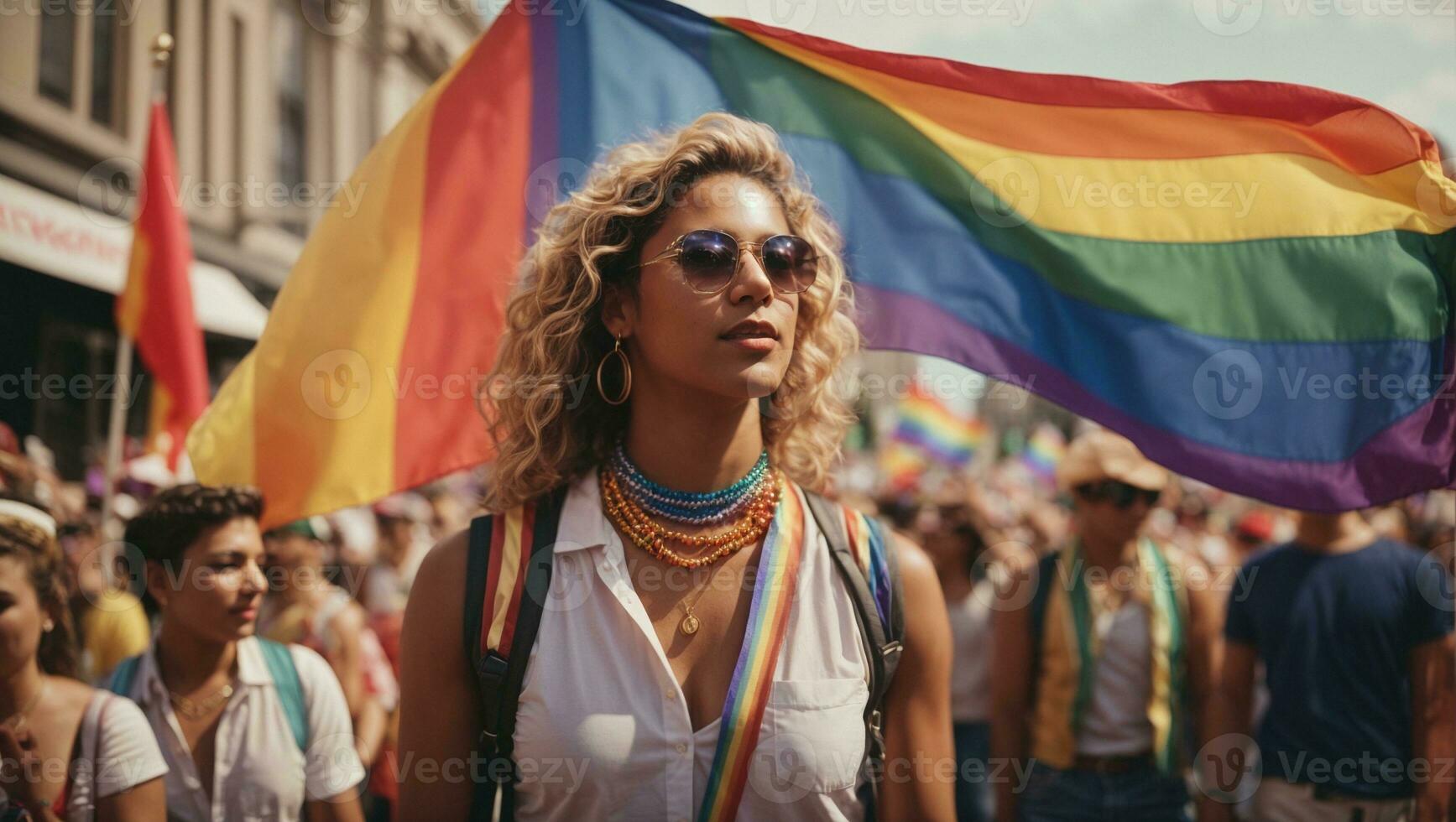 People with rainbow flag on pride parade. Ai Generated photo