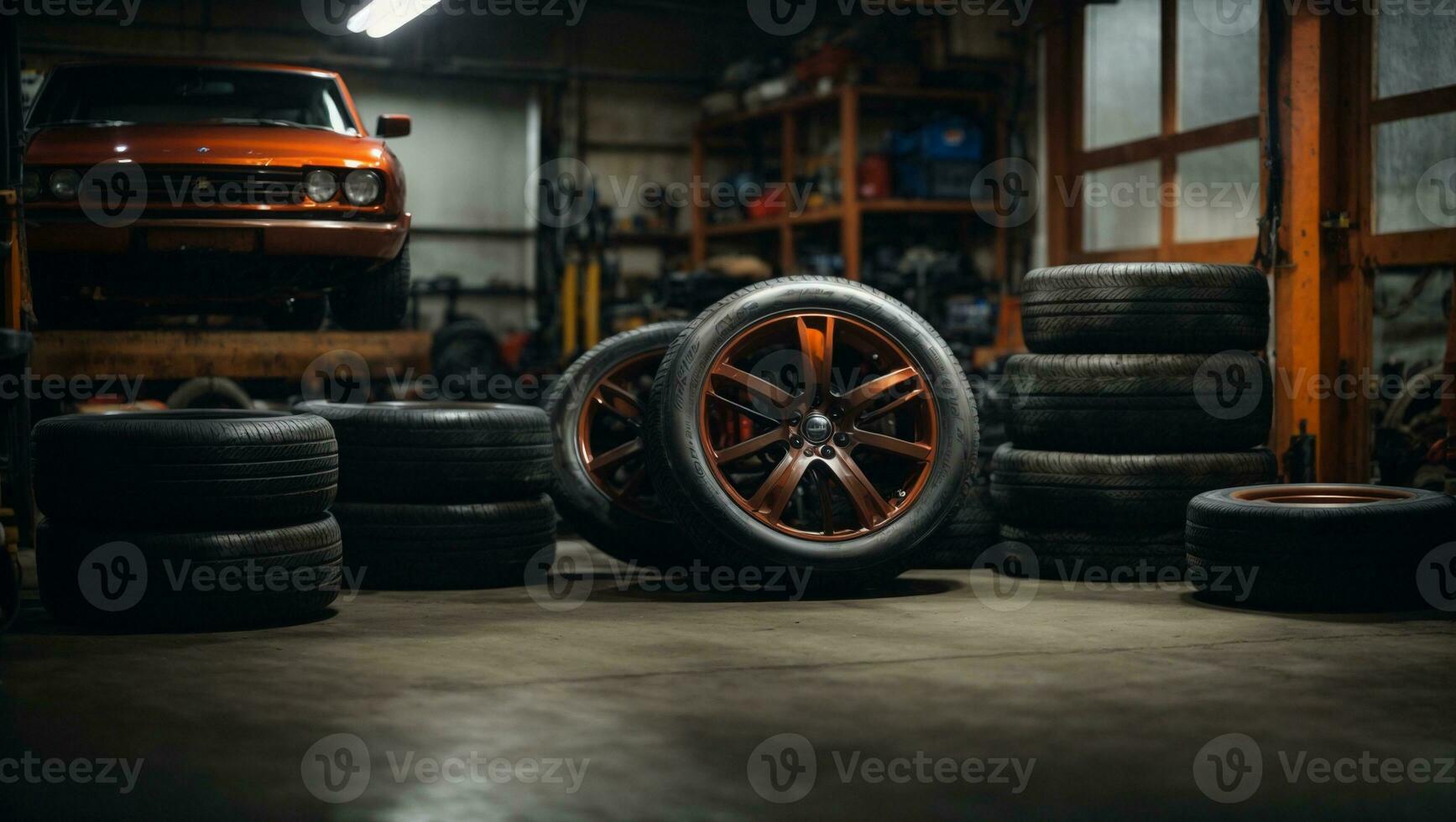 Garage background. Car tire set in private garage.. Ai Generated photo