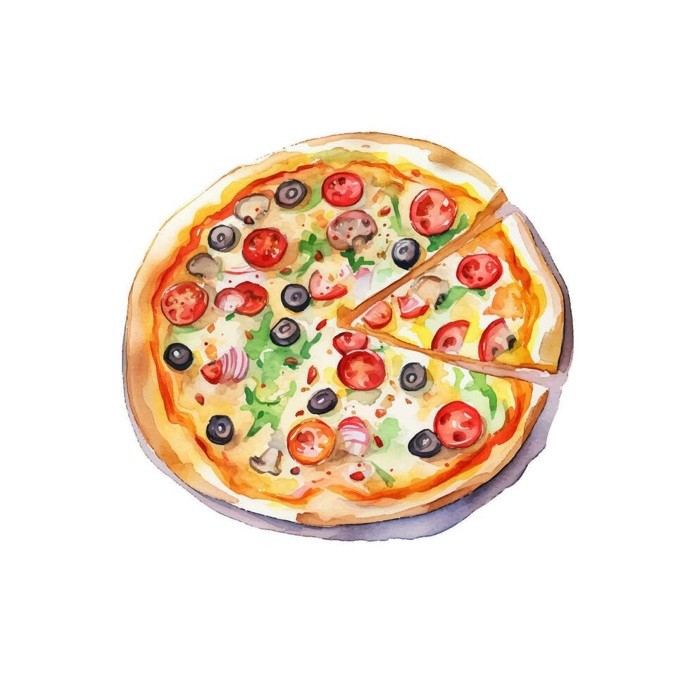 Hand drawn slice of pizza. Watercolor sketch isolated on white background. Vector illustration for food design