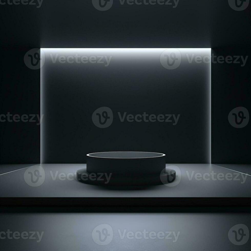 Stage, podium, empty pedestal for displaying objects and advertising goods, pink, black, round, square, glow. Generative AI photo