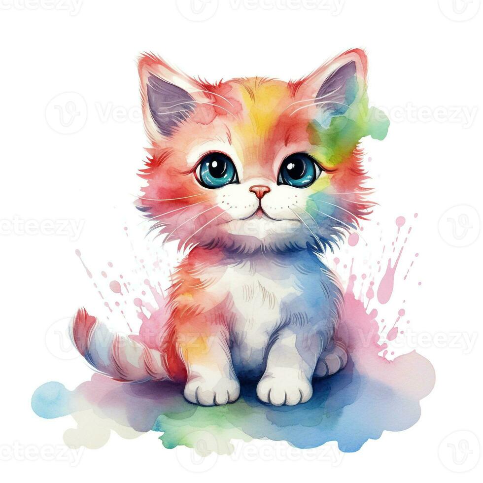Cute watercolor cat in rainbow colors, isolated illustration on white background. Generative AI photo