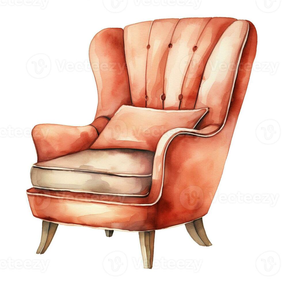 Watercolor illustration of a modern armchair in retro style. Single element, clipart, boho, cozy. Generative AI photo