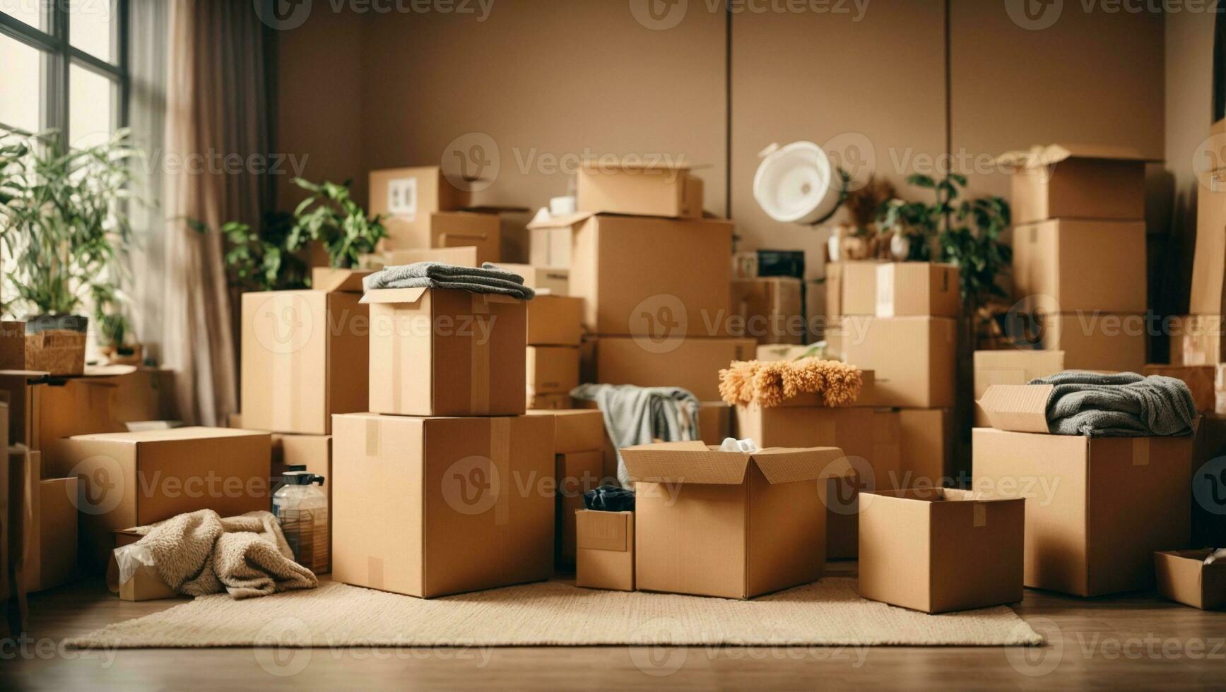 Move concept. Cardboard boxes and cleaning things for moving into a new home. Ai Generated photo