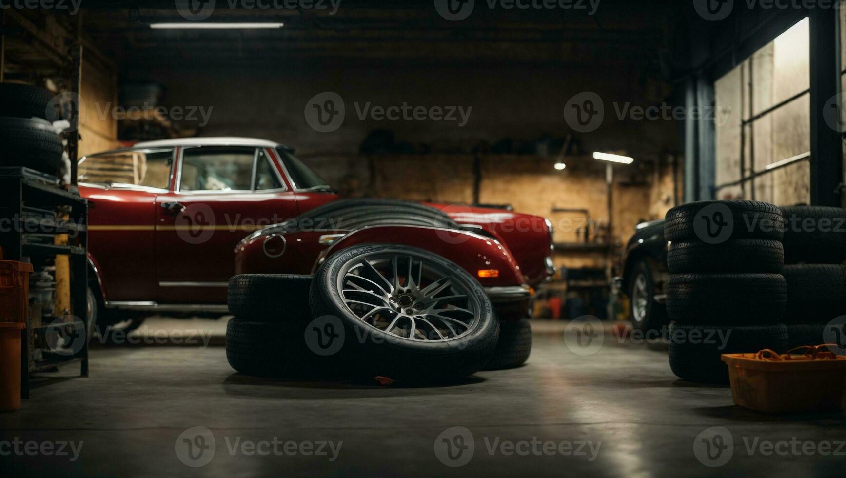 Garage background. Car tire set in private garage.. Ai Generated photo