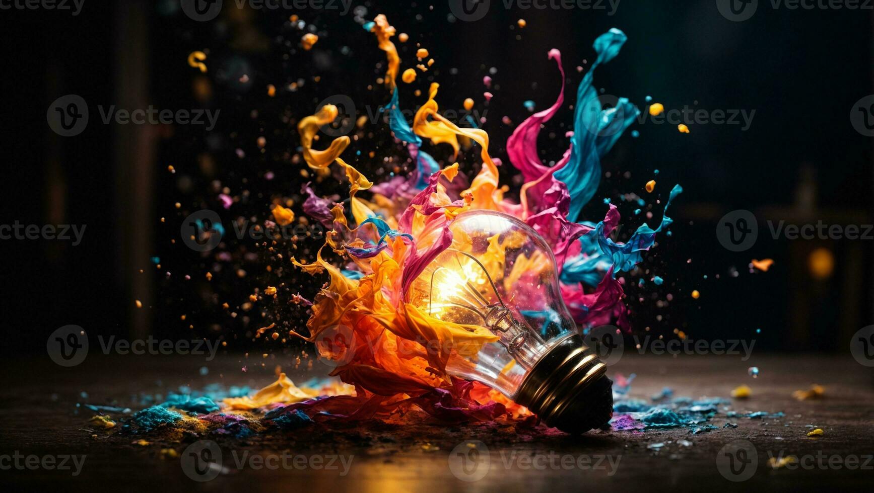 Creative light bulb explodes with colorful paint and splashes. Ai Generated photo