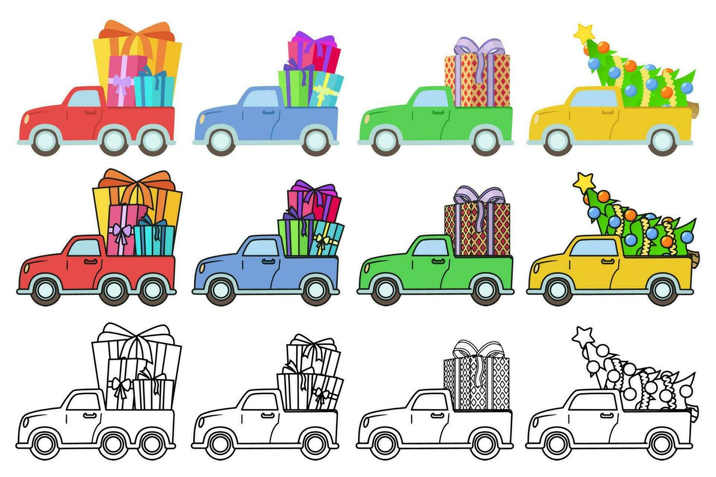 Trucks delivering Christmas gifts, present and Christmas trees. Line art and colorful vector car illustrations.