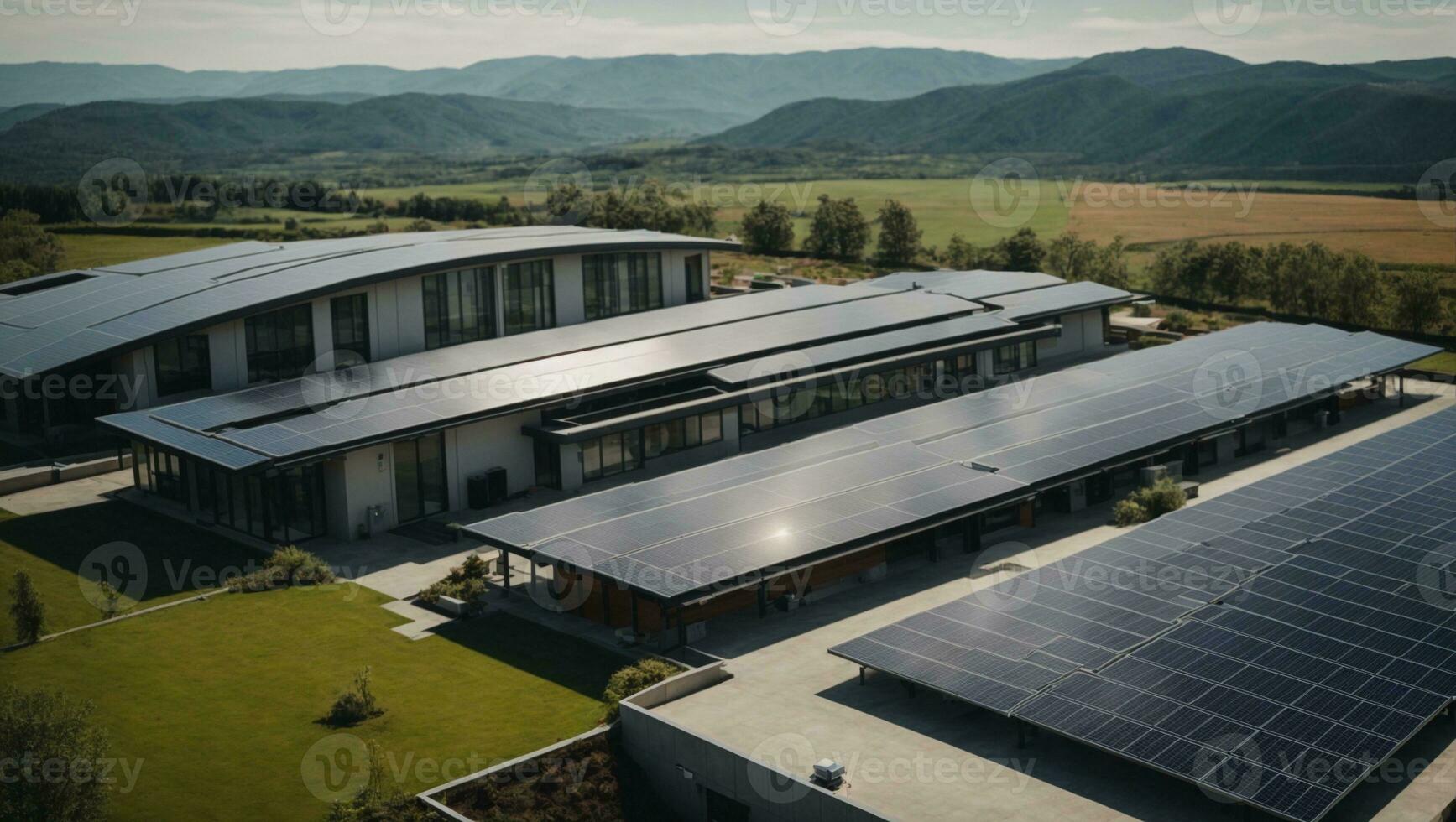 Close up of a new building with solar panels on the roof. Sustainable and clean energy at home.. Ai Generated photo