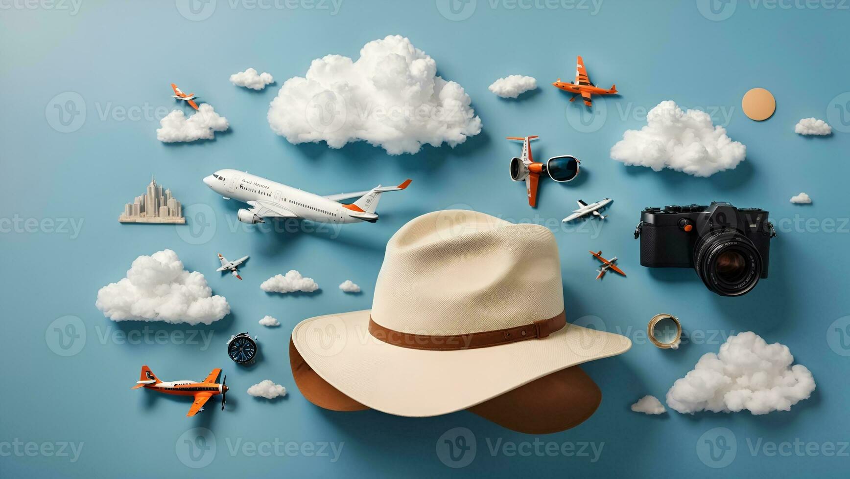 Flat lay design of travel concept with plane and cloud on blue background with copy space.. Ai Generated photo