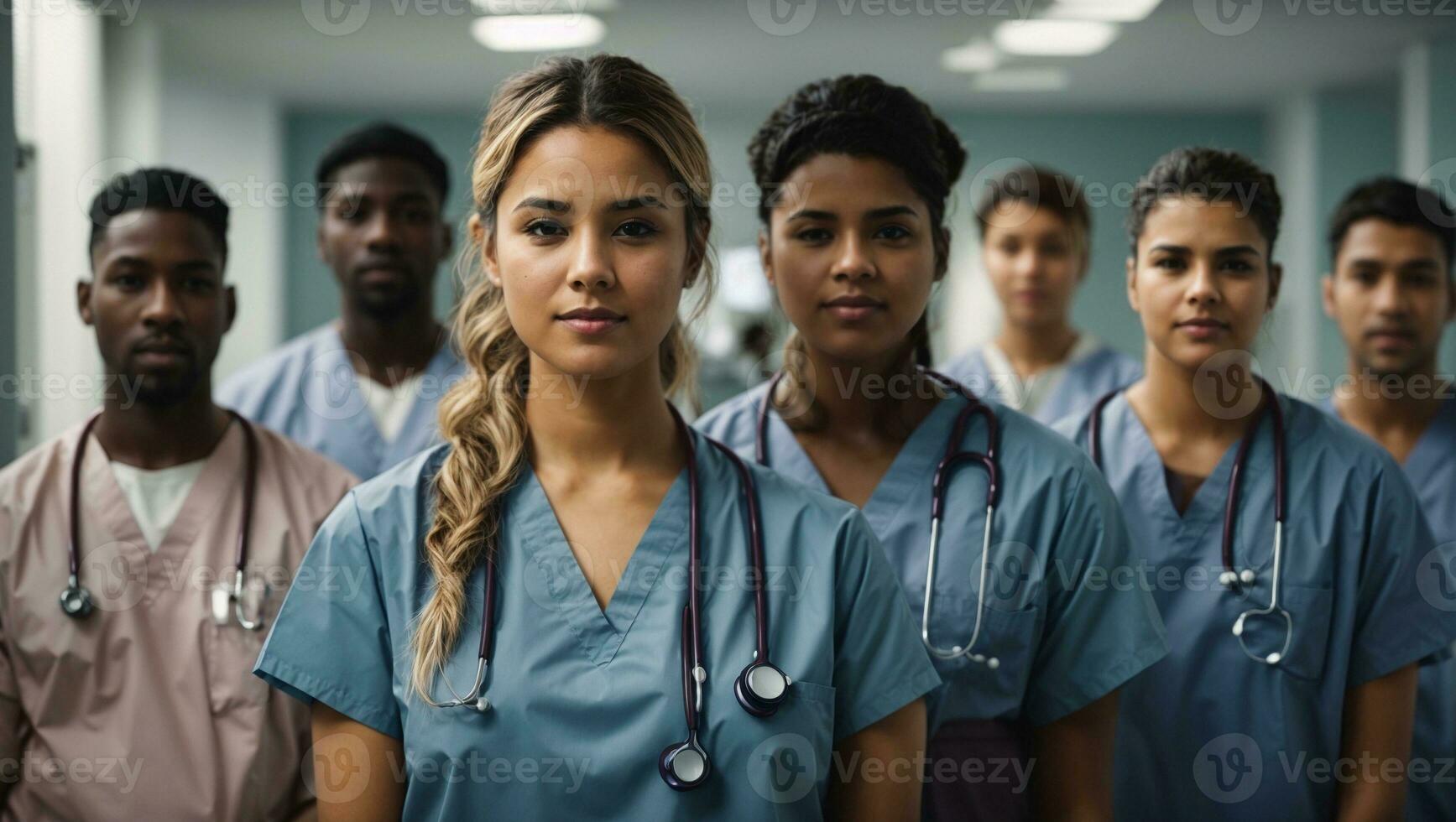 Portrait of a young nursing student standing with her team in hospital, dressed in scrubs, Doctor intern . Medical concept. Ai Generated photo