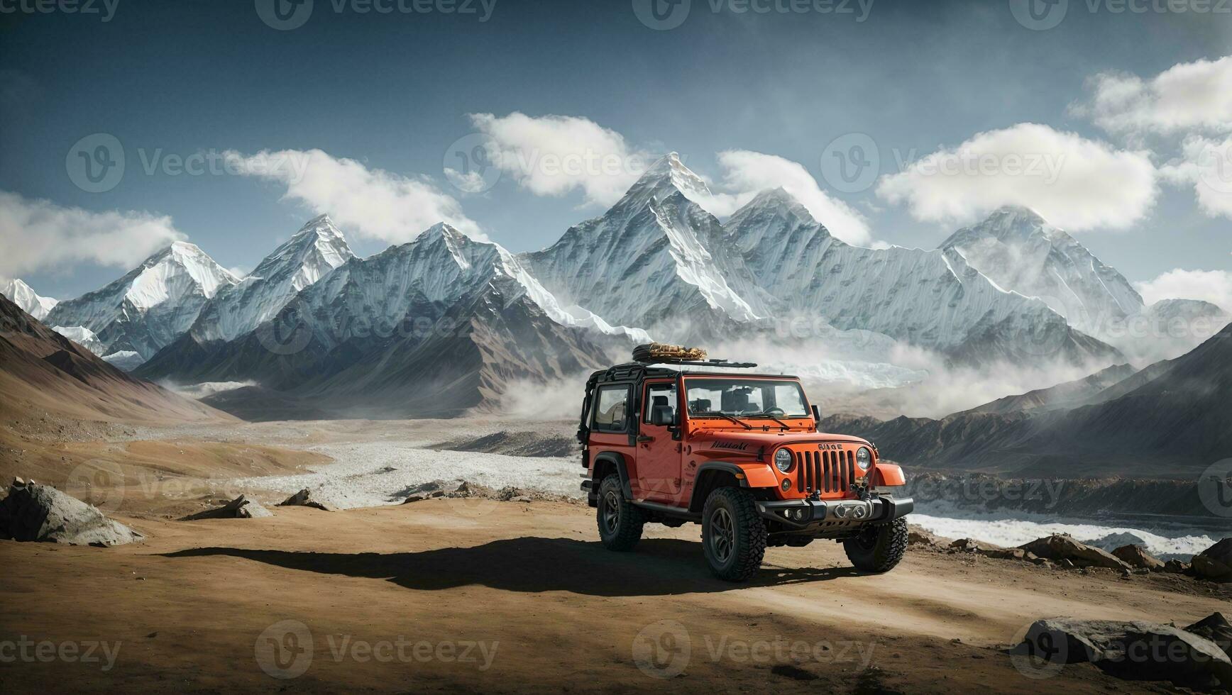 mount everest background with jeep. Ai Generated photo