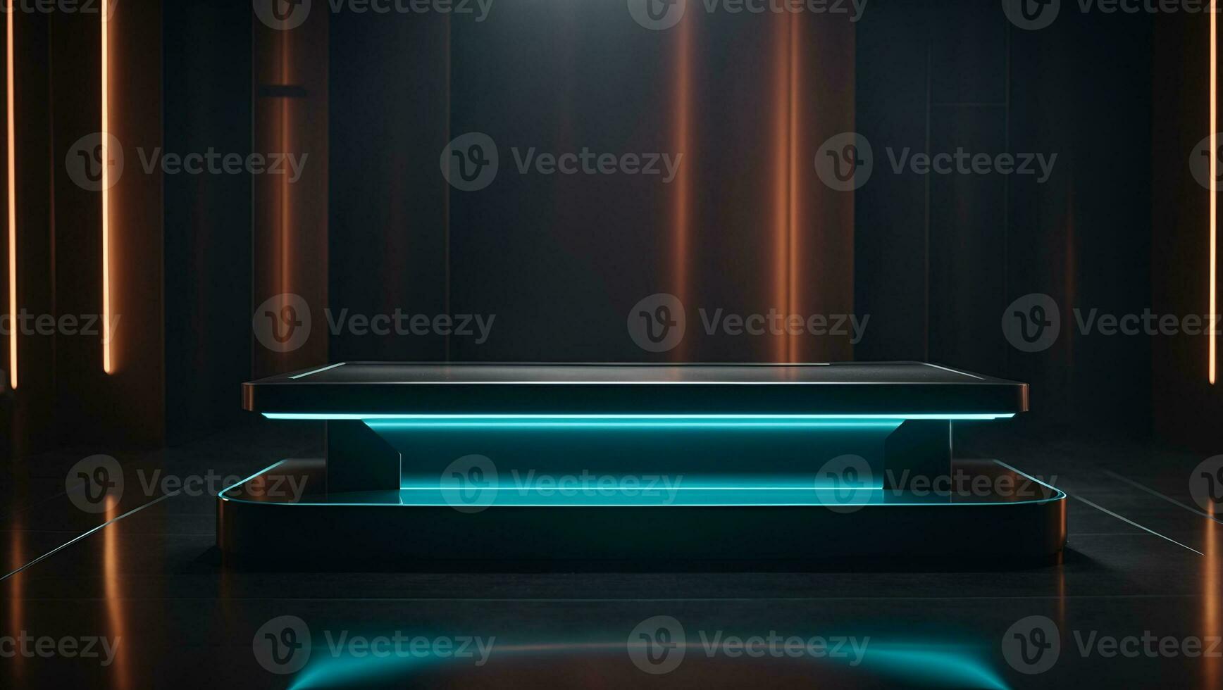 Futuristic dark podium with light and reflection background. Ai Generated photo