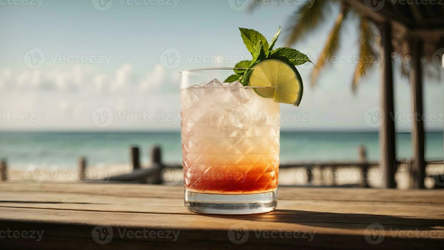 Cocktail on top of a wooden table in front of the beach. Ai Generated photo