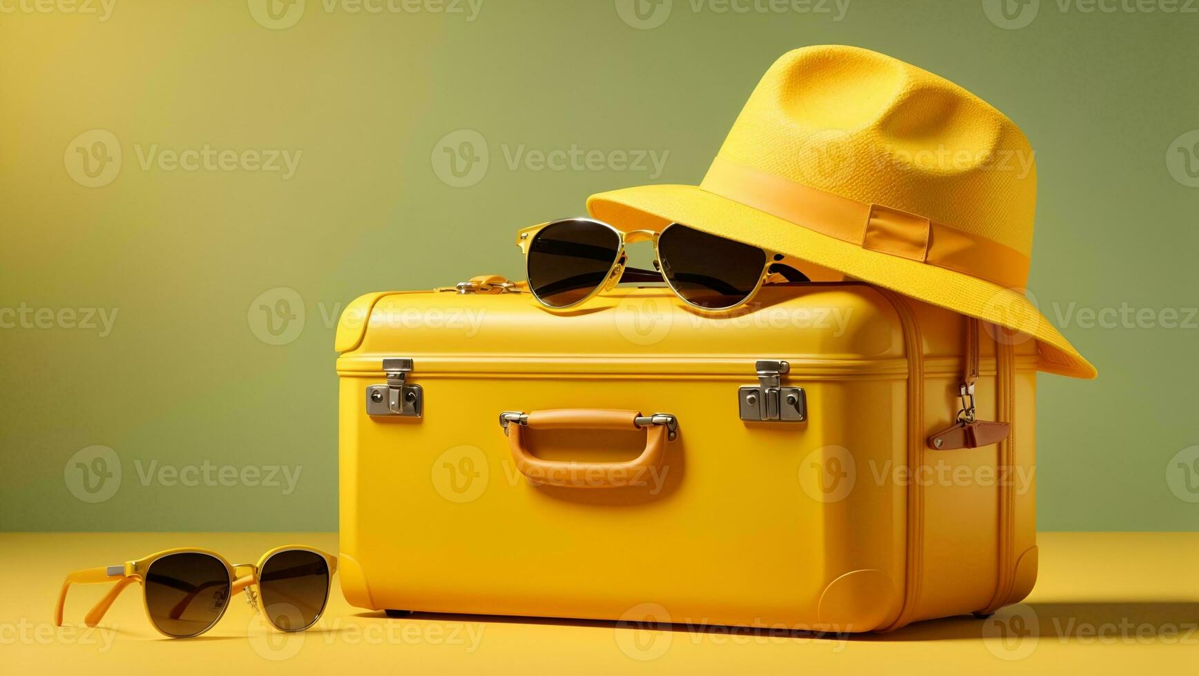 Yellow suitcase with sun glasses and hat on yellow background. 3D rendering. travel concept. minimal style. Ai Generated photo