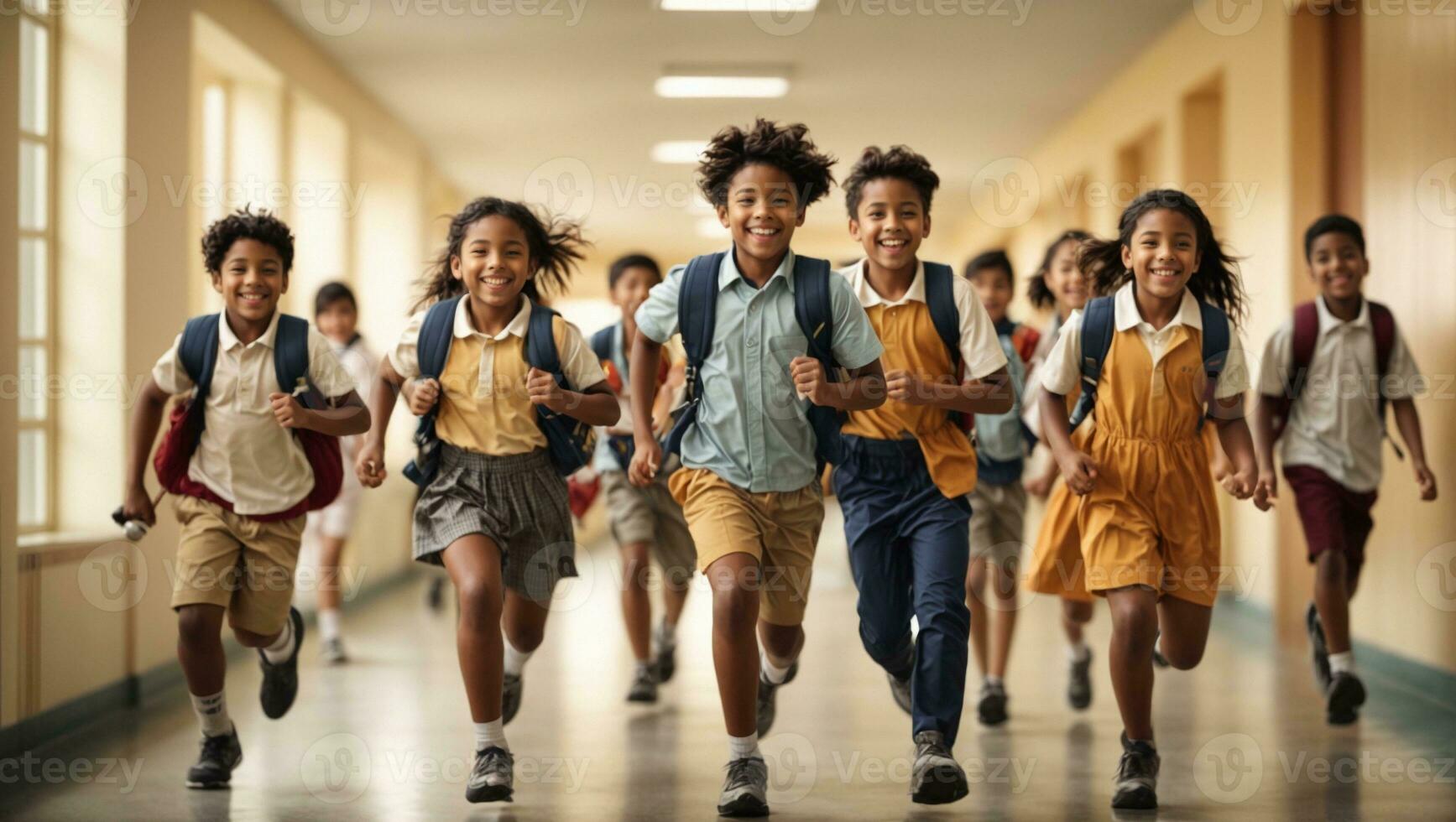 Happy diverse school kids running in corridor at school. Back to school concept. Ai Generated photo