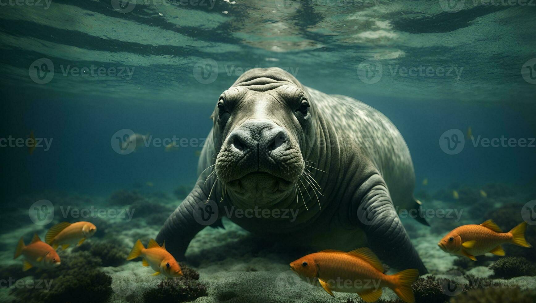 lazy sea cow swimming underwater with fish. Ai Generated photo
