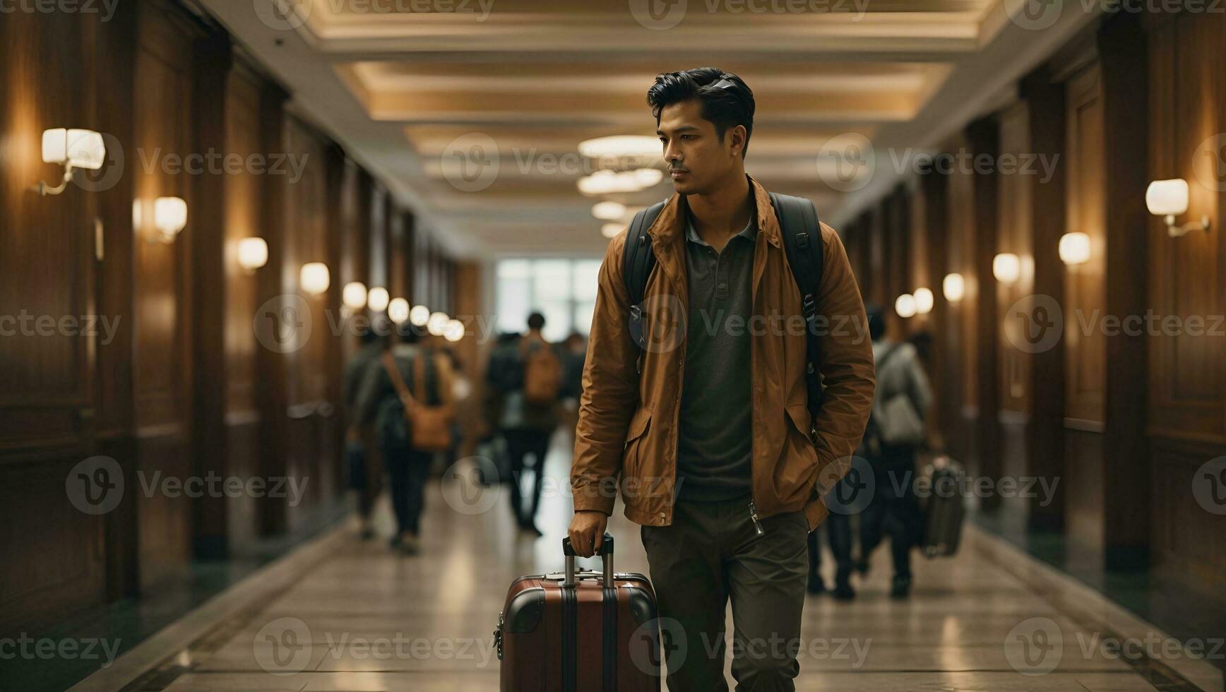 Male is carrying luggage in hall before trip. Ai Generated photo