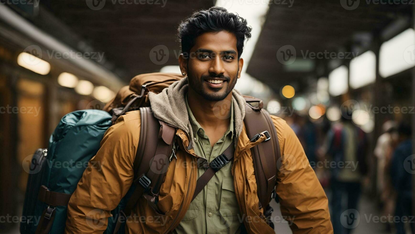 Handsome Indian tourist man with backpack holding baggage and jumping. Ai Generated photo