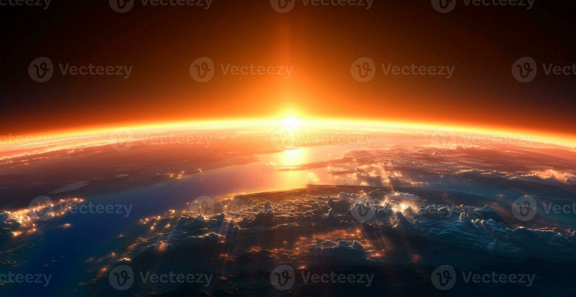 Panoramic view of the globe of planet Earth from space. Glowing bright sun - AI generated image photo
