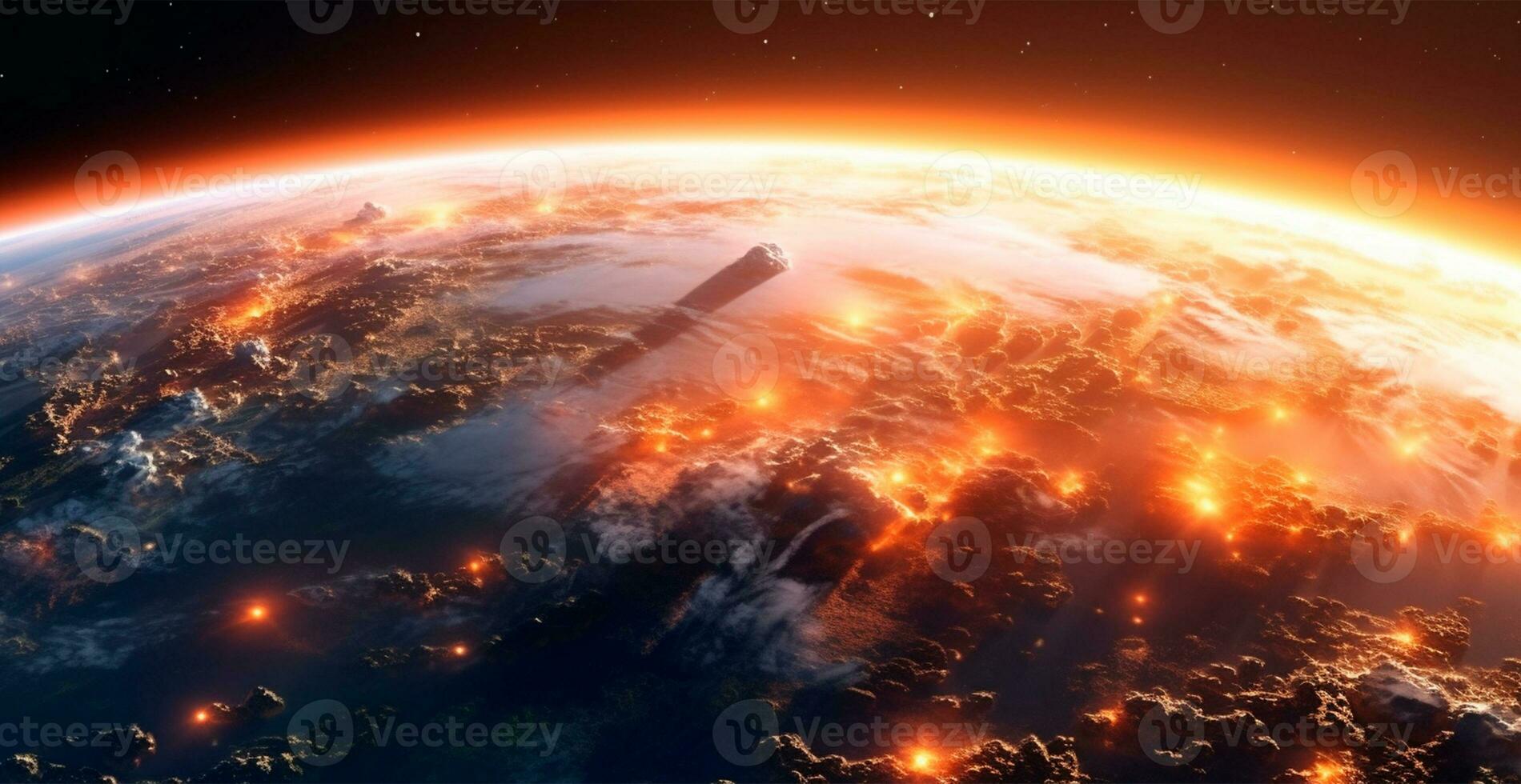 Panoramic view of the globe of planet Earth from space. Glowing bright sun - AI generated image photo