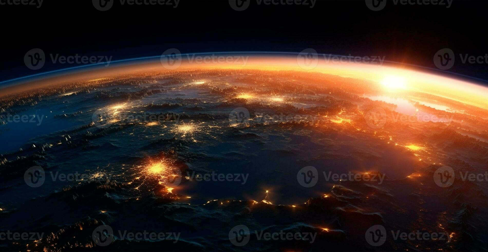Panoramic view of the globe of planet Earth from space. Glowing bright sun - AI generated image photo