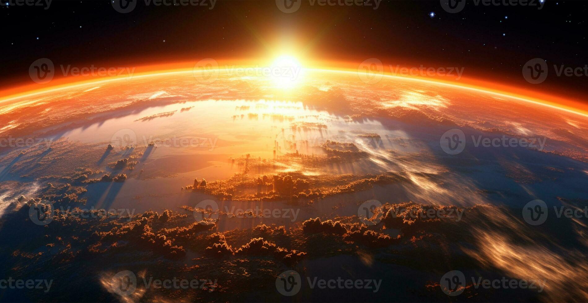 Panoramic view of the globe of planet Earth from space. Glowing bright sun - AI generated image photo