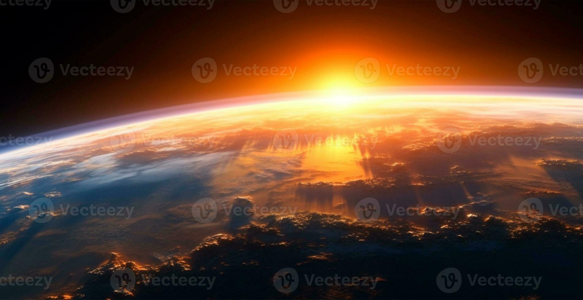 Panoramic view of the globe of planet Earth from space. Glowing bright sun - AI generated image photo