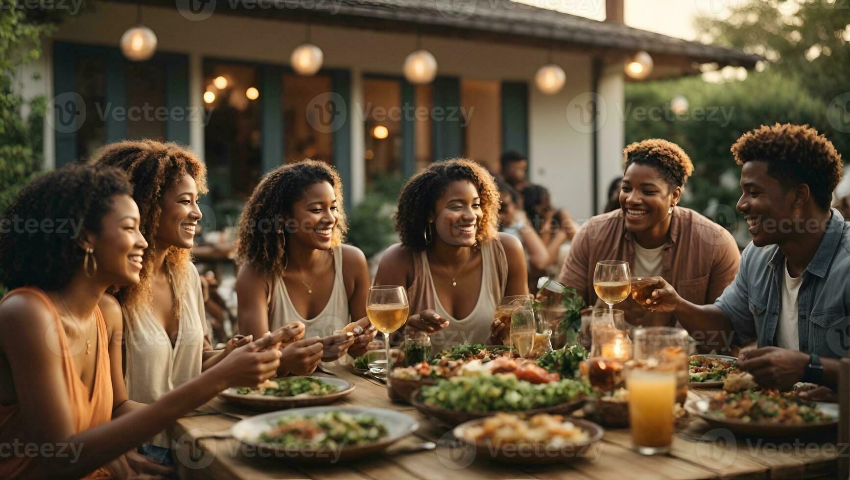 Group of Multiethnic Diverse People Having Fun, Communicating with Each Other and Eating at Outdoors Dinner. Family and Friends Gathered Outside Their Home on a Warm Summer Evening.. Ai Generated photo