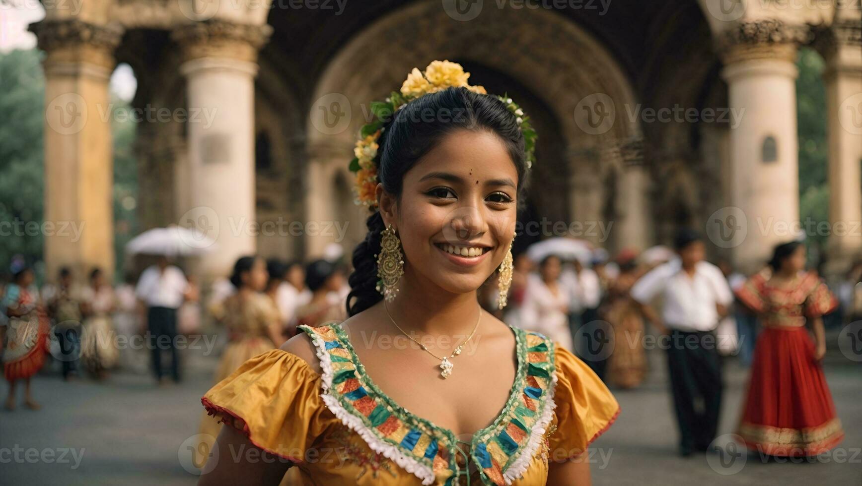 nicaragüense folklore bailarín sonriente y mirando a el cámara fuera de el catedral Iglesia en el central parque de el ciudad de León. el mujer usa el típico vestir de central America. ai generado foto