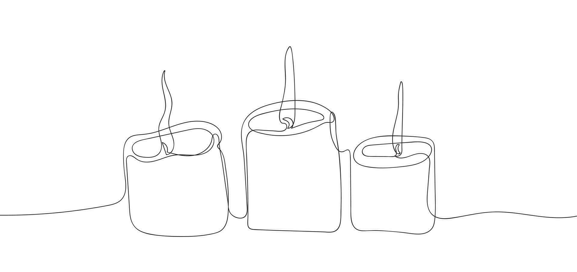 Candles outline continuous drawing. Hand-drawn three candles horizontal bar. Doodle,sketch,minimalism. Isolated on white background. vector